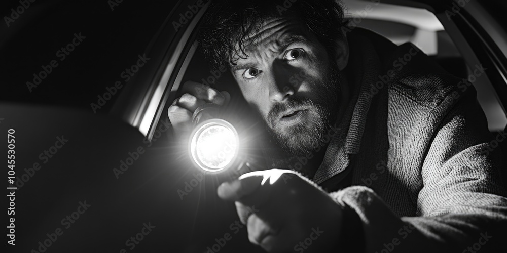 Poster a person holding a flashlight in a vehicle, potentially for search or navigation