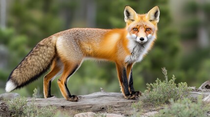 Fototapeta premium A red fox stands alert on a log in a forest, its bushy tail curled behind it.