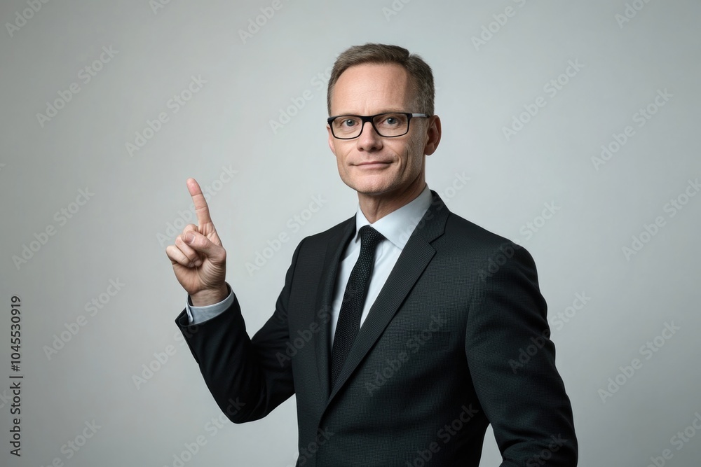 Poster a businessman in a suit and tie pointing at something, possibly explaining or presenting an idea