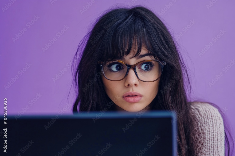 Poster a person working on their laptop with glasses and focused expression