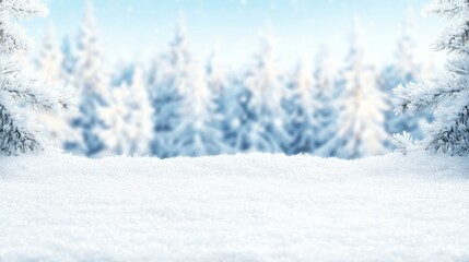 Fototapeta premium Snowy pine branches with blurred winter forest in the background under a bright blue sky.