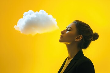 A professional woman standing outside, gazing up at the clouds