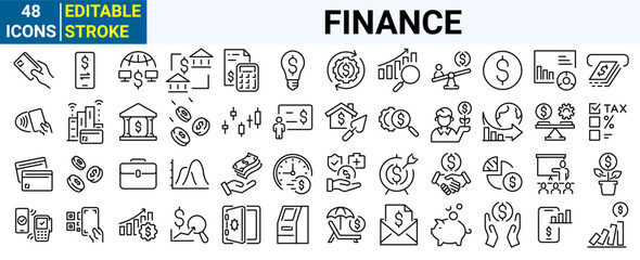 Finance web line icons collection. cash, saving, financial goal, profit. Editable stroke. Vector illustration