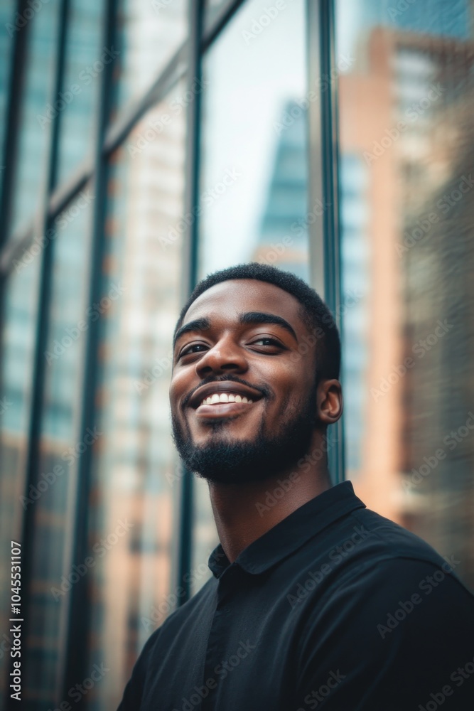 Poster a person smiling while standing in front of a tall building, suitable for use in real estate or city