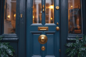 Fototapeta premium Golden Door Knob on a Dark Blue Door