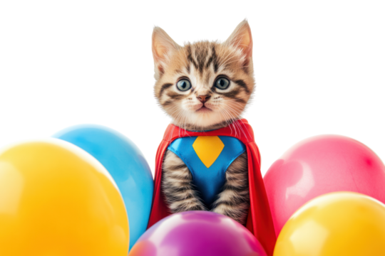 Adorable kitten in a superhero costume with a cape, surrounded by bright balloons.