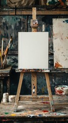 A hardcover book stands upright on an easel surrounded by scattered paint brushes and splatters