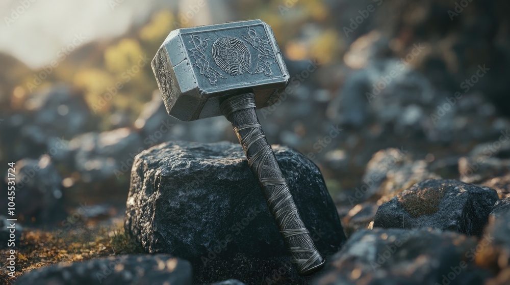 Poster a hammer sits on top of a pile of rocks, ready for use