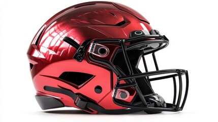 Fototapeta premium Glossy red football helmet with black facemask isolated on a pure white background, vibrant colors and sleek design evoke a sense of American sports pride.