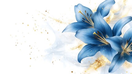 Abstract Blue Lily Flowers with Golden Glitter on White Background – Watercolor Floral Painting for Wall Art, Spa, and Wellness Decoration