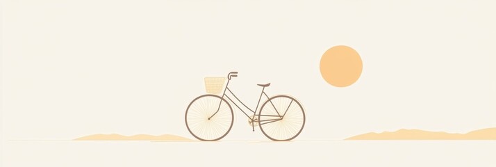 A simple bicycle with a basket stands still in the warmth of a sunset, symbolizing eco-friendly travel and a sustainable lifestyle. Generative AI