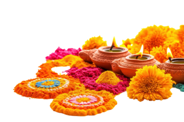 A vibrant and colorful display of traditional Diwali decorations, including intricate rangoli designs made with bright colored powders