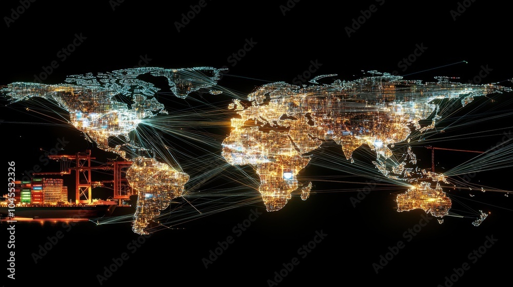 Wall mural a modern world map with digital lines connecting key trade hubs across oceans and borders.
