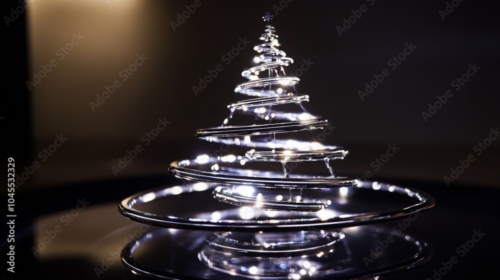 Poster a striking glass christmas tree stands elegantly with spiral layers, adorned with tiny lights that s