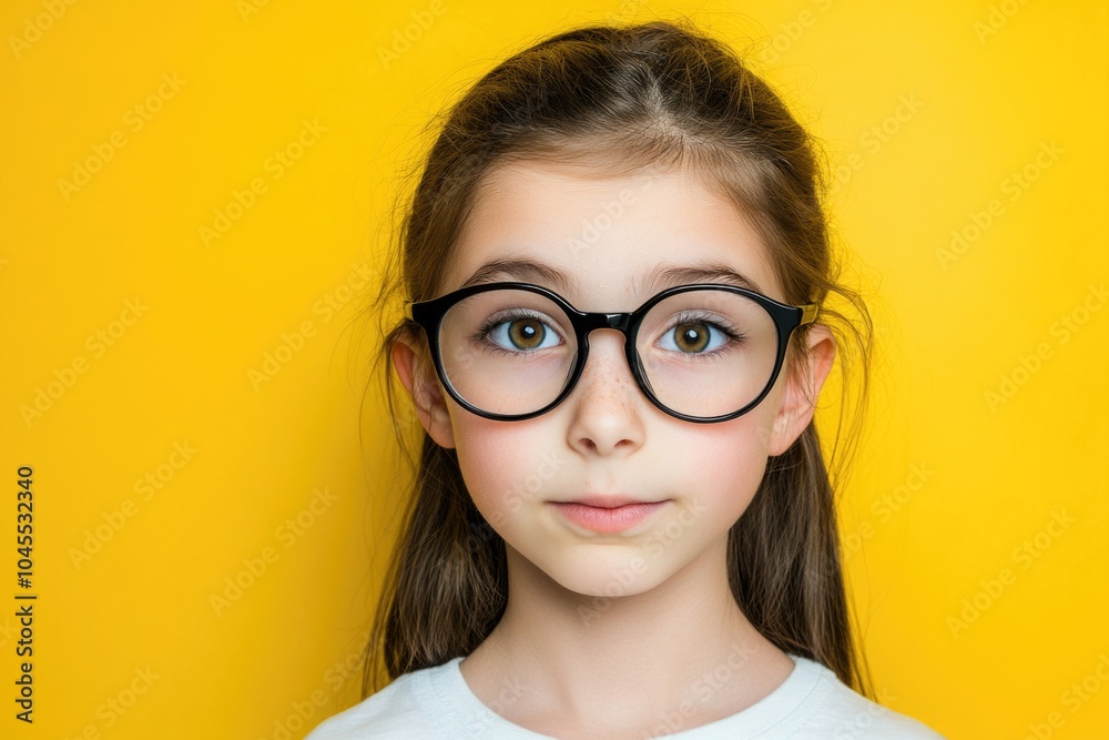 Wall mural A young girl wearing glasses on a yellow background