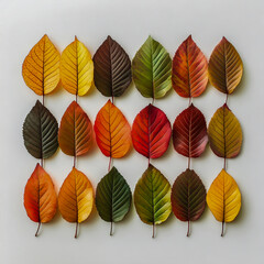 Obraz premium Vibrant autumn leaves arranged on a white background, capturing the essence of fall