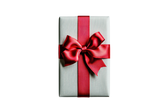 A top-down perspective of a classic gift box adorned with a striking red bow, set against a subtle light grey backdrop.