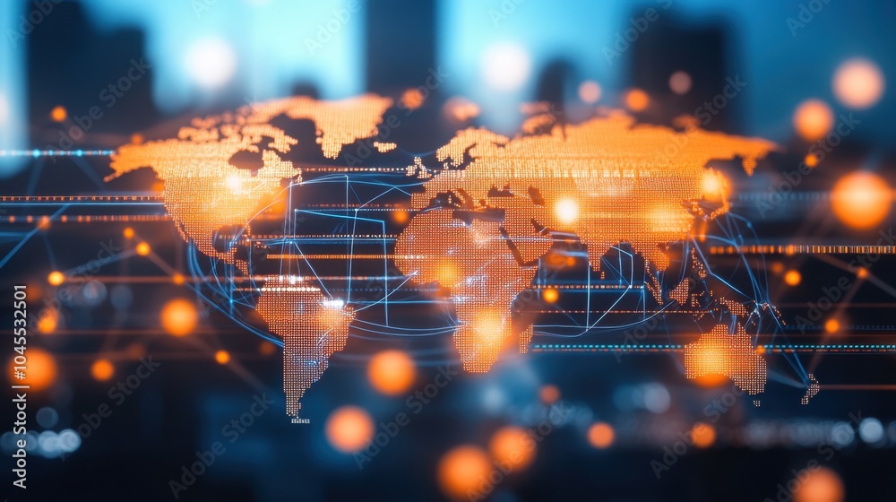 Wall mural a modern world map with digital lines connecting key trade hubs across oceans and borders.