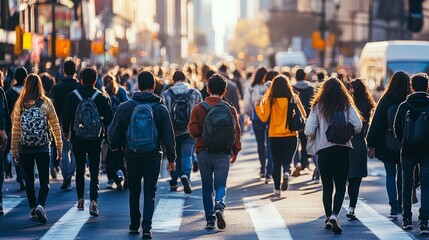 Diverse group of young adults crossing a busy city street during sunset.