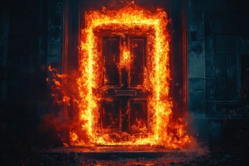 Fototapeta premium A wooden door engulfed in flames, set against a dark stone background.