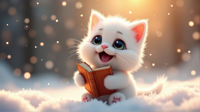A cute cartoon kitten sits in a snowy setting, joyfully reading a small book amid glowing bokeh lights.