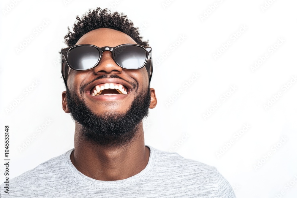 Poster portrait of a happy man with a beard and sunglasses, looking directly at the camera