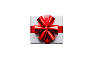 A simple yet eye-catching gift box featuring a bold red bow, captured from a top-down angle on a light grey background.