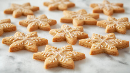 Close-up Photo of Gingerbread Cookies Shaped Like Stars with Intricate Icing Designs on a Marble Surface