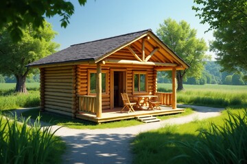 Cozy wooden cabin retreat in tranquil countryside setting for relaxation and nature escape.