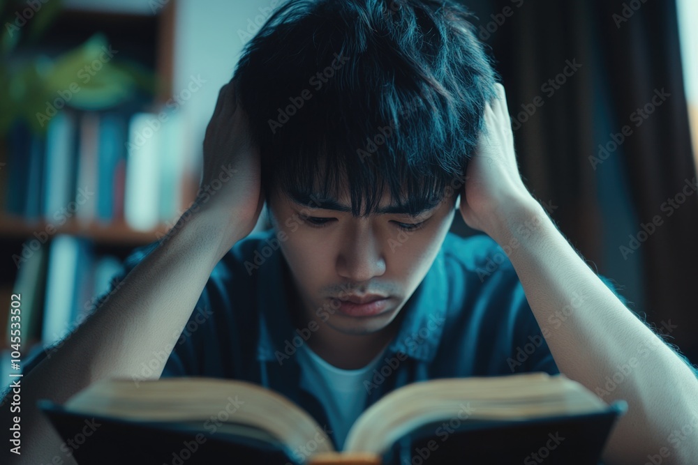 Poster a person engrossed in a book in a dimly lit environment