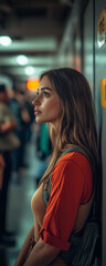 Fototapeta premium Young woman in an orange shirt stands in a crowded space, looking away from the camera with a thoughtful expression.