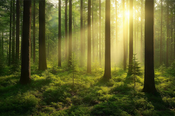Fototapeta premium Forest landscape the sun shines in from the side.