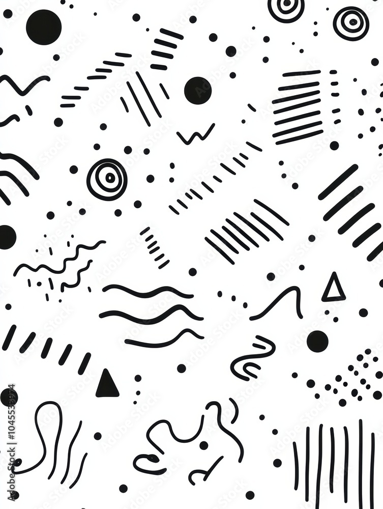 Fototapete a collection of abstract black and white doodles showcases various patterns with lines, circles, zig