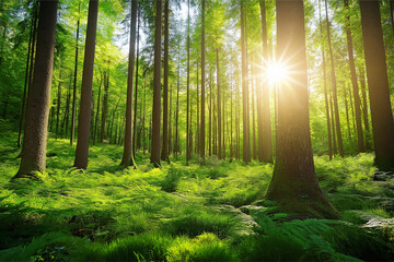 Fototapeta premium Forest landscape the sun shines in from the side.