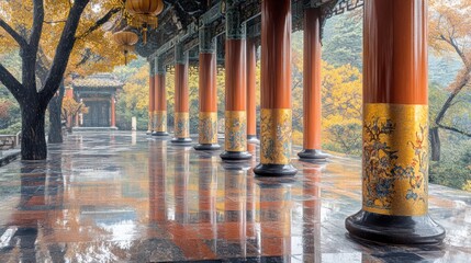 A row of red and gold pillars in a Chinese temple courtyard, with autumn leaves in the background.