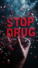 A hand grips shattered pills against a smoky background, highlighting an anti-drug message