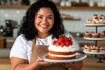 Happy Hispanic baker holding a freshly made strawberry cake in a contemporary pastry shop.