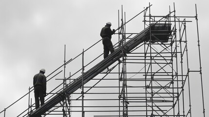 Workers on scaffolding performing construction tasks high above ground under a cloudy sky.