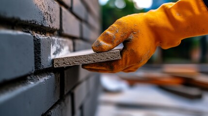 A gloved hand places a brick on a wall.