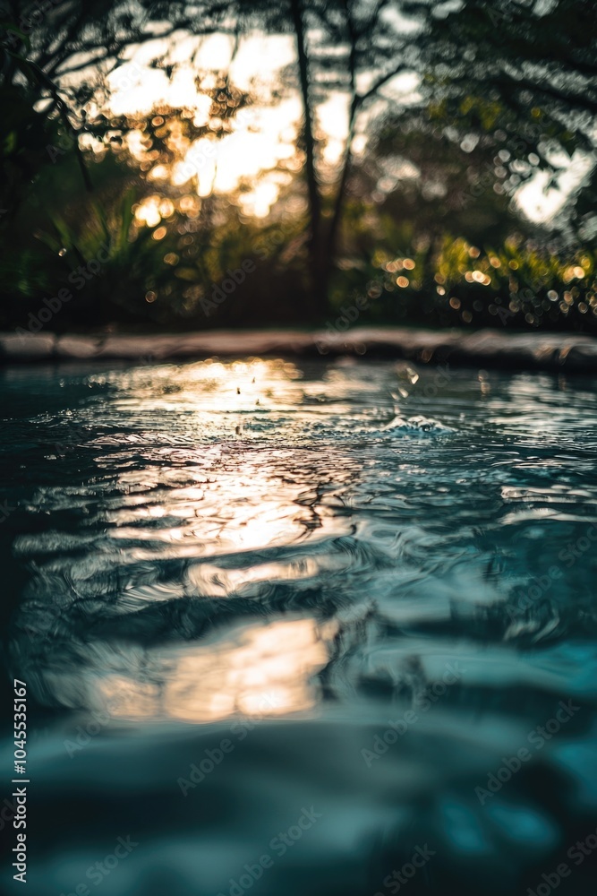 Poster a still image of a pool surrounded by lush greenery