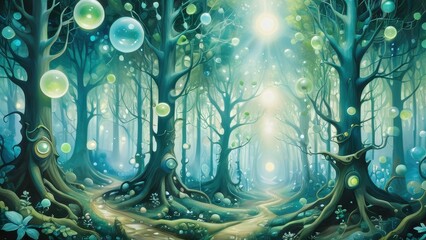 Obraz premium A mystical forest scene illuminated by ethereal light and surrounded by whimsical bubbles, creating a serene and enchanting atmosphere perfect for fantasy-themed projects