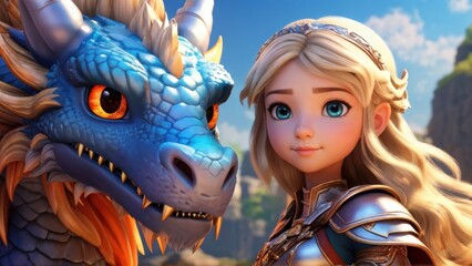Obraz premium A young girl in armor poses with a blue dragon in a fantasy landscape.