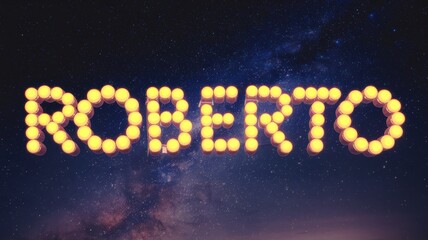 Night Sky Display: Bright golden spheres spell 'ROBERTO' against a dark starry background, perfect for personalized events.