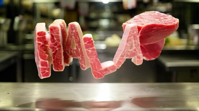The inscription "Halal" appears in the form of pieces of meat against the background of the kitchen. The concept of the halal industry.