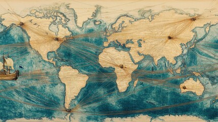 Fototapeta premium A world map with detailed trade routes depicted by thin lines connecting continents and major economies.