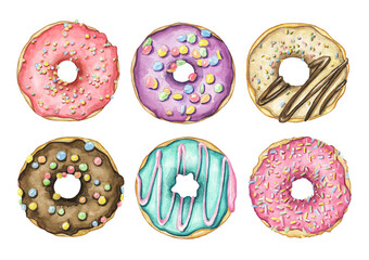 Set with various multicolor round donuts with glaze and colorful topping isolated on white background. Watercolor hand drawn illustration