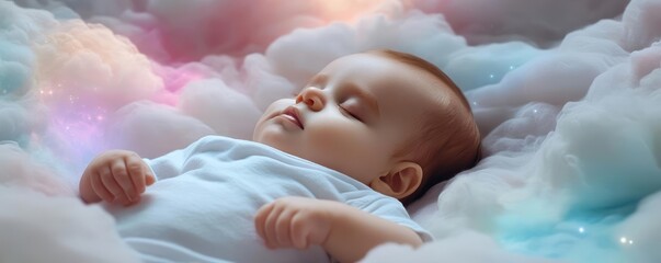 Baby peacefully asleep, surrounded by glowing cosmic mist, nebula hues blending softly, evoking themes of creation and cosmic wonder