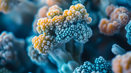 A High-Resolution Backdrop of Frozen Broccoli Highlighting Frost and Freshness in Food Photography