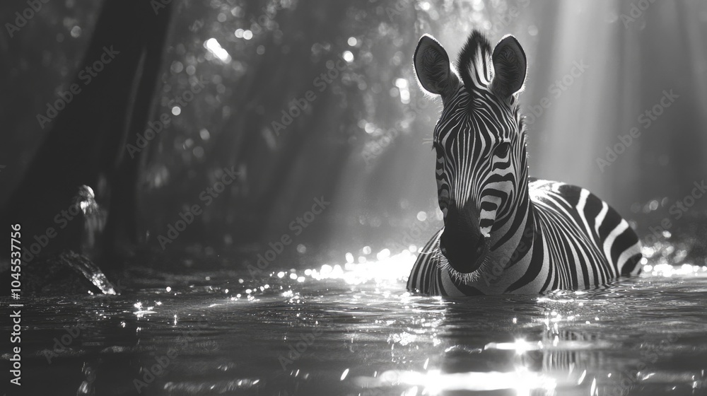 Poster a black and white photograph of a zebra standing in calm waters