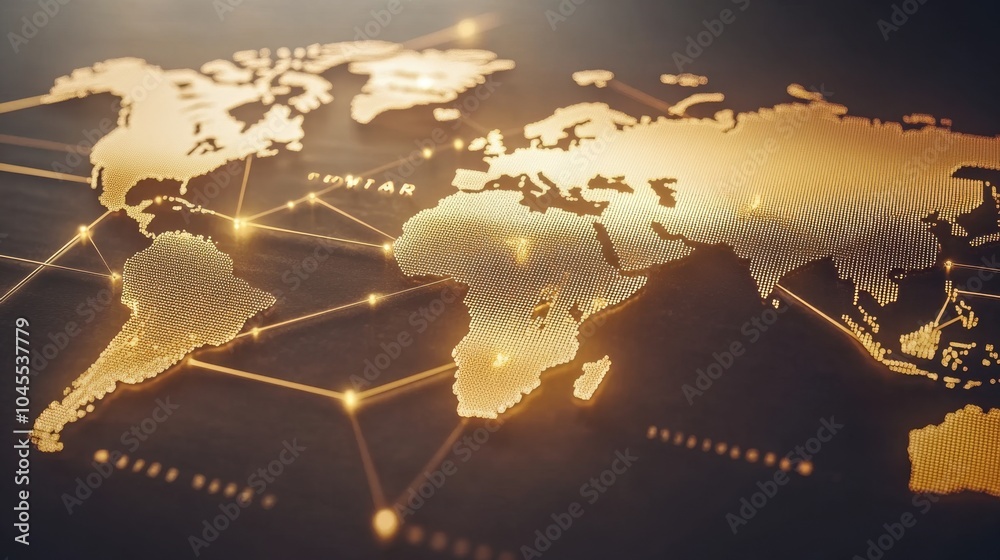 Wall mural a world map with illuminated trade lines connecting continents, symbolizing the vast network of glob